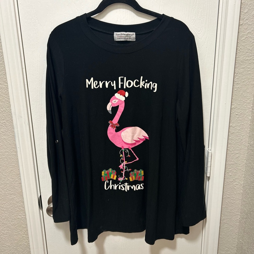 Tiara International Merry Flocking Christmas Flamingo Long Sleeve Shirt Large